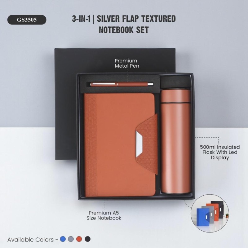3-in-1 | Silver Flap Textured Notebook Set