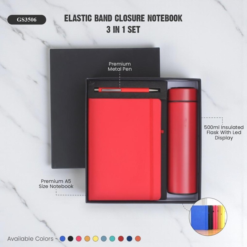 Elastic Band Closure Notebook 3 in 1 Set (Red)