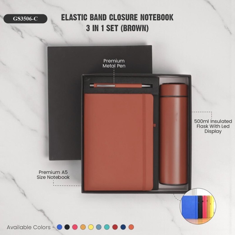 Elastic Band Closure Notebook 3 in 1 Set (Brown)