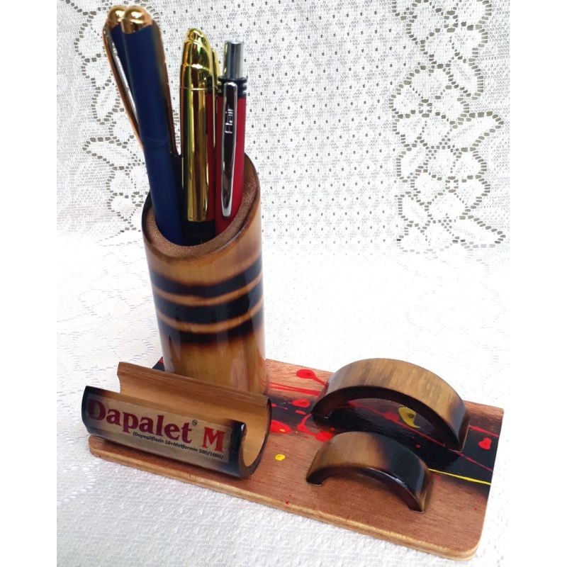 Bamboo Pen Stand with Mobile Holder/Card Holder